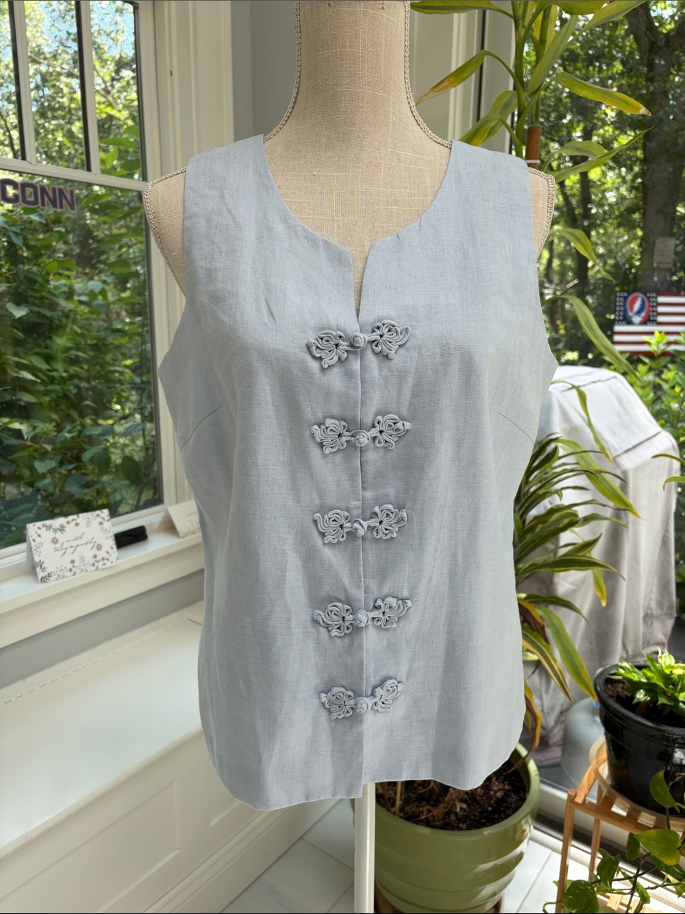 SilkLand 100% Linen Pale Blue Embroidered Camisole Vest